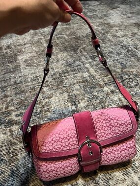Coach Pink Signature Print Shoulder Bag with Buckle